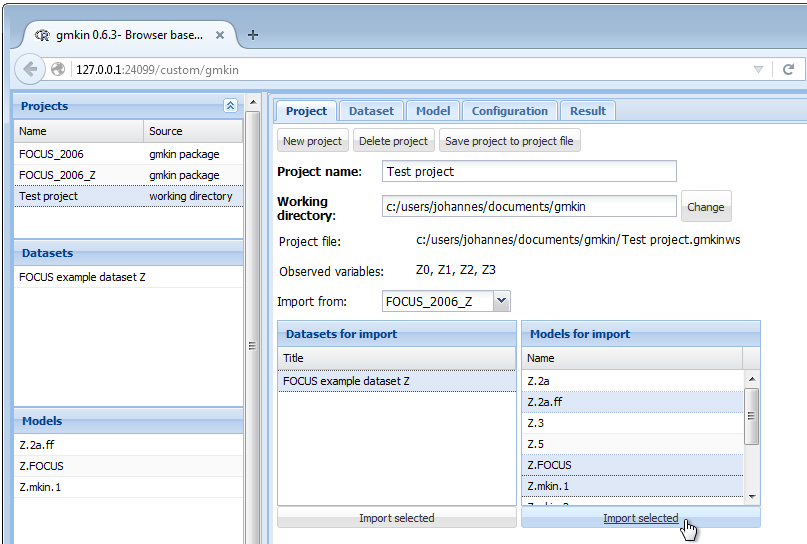Screenshot of importing datasets and models