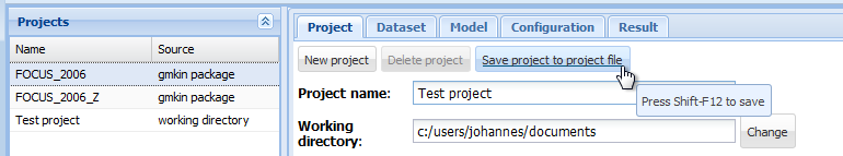 Screenshot of saving a new project